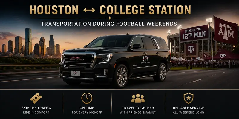 GMC Yukon luxury transportation service between Houston and College Station during Texas A&M football weekends, featuring private group travel, stadium access, reliable chauffeur service, and Lavish Ride branding.
